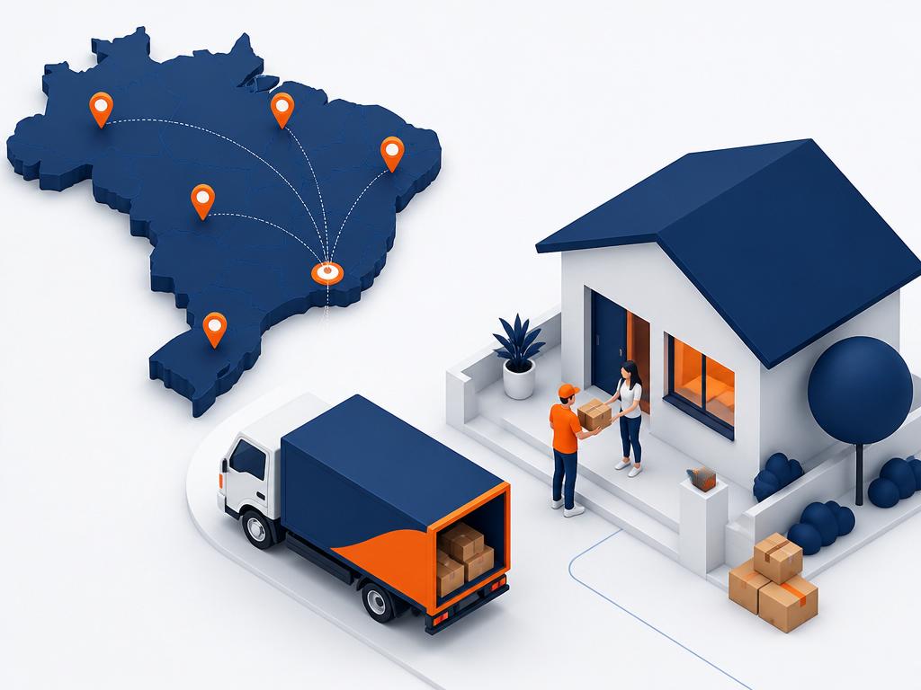 Ilustração de caminhão de entrega levando pacotes até a casa do cliente com mapa do Brasil