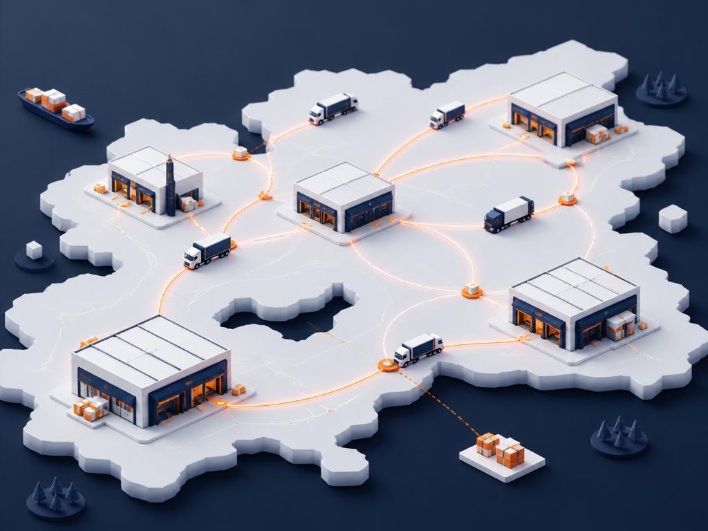 Ilustração de rede de centros de distribuição conectados por rotas logísticas em um mapa