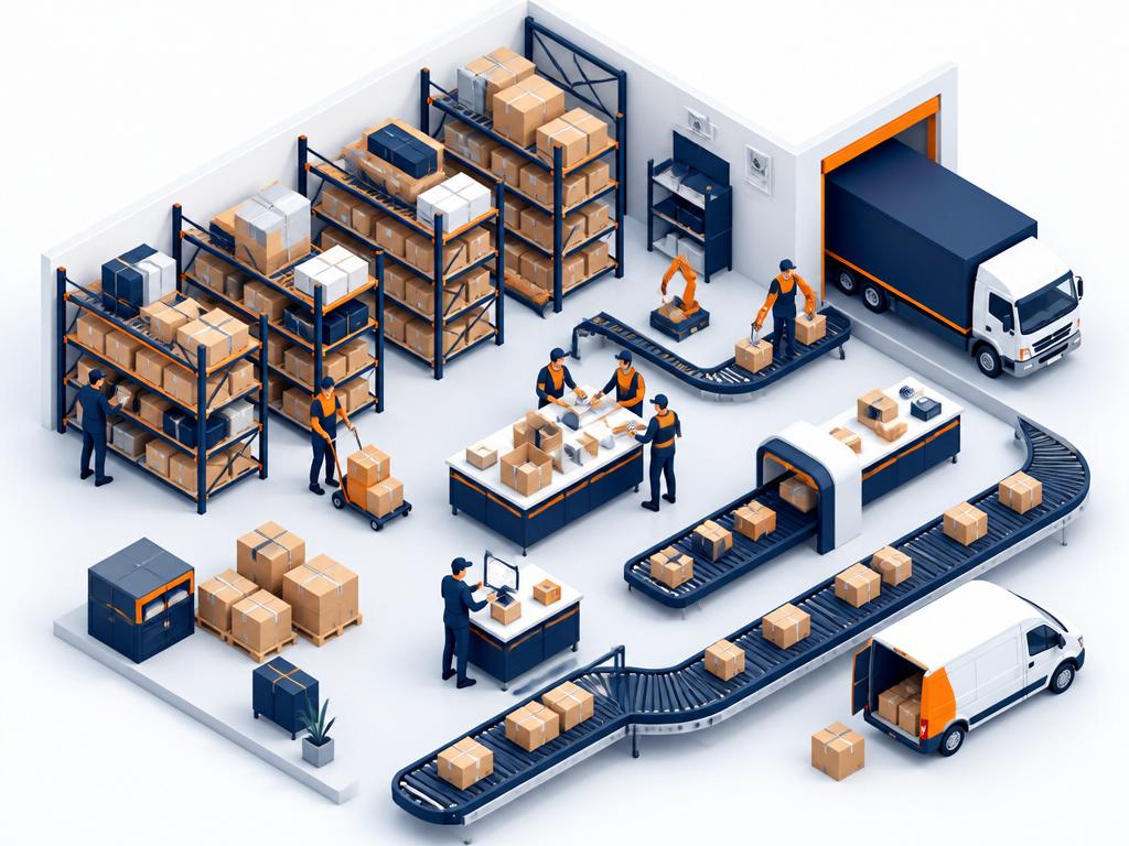 Ilustração premium de fulfillment: estoque em prateleiras, operadores separando e embalando pedidos, esteiras e envios
