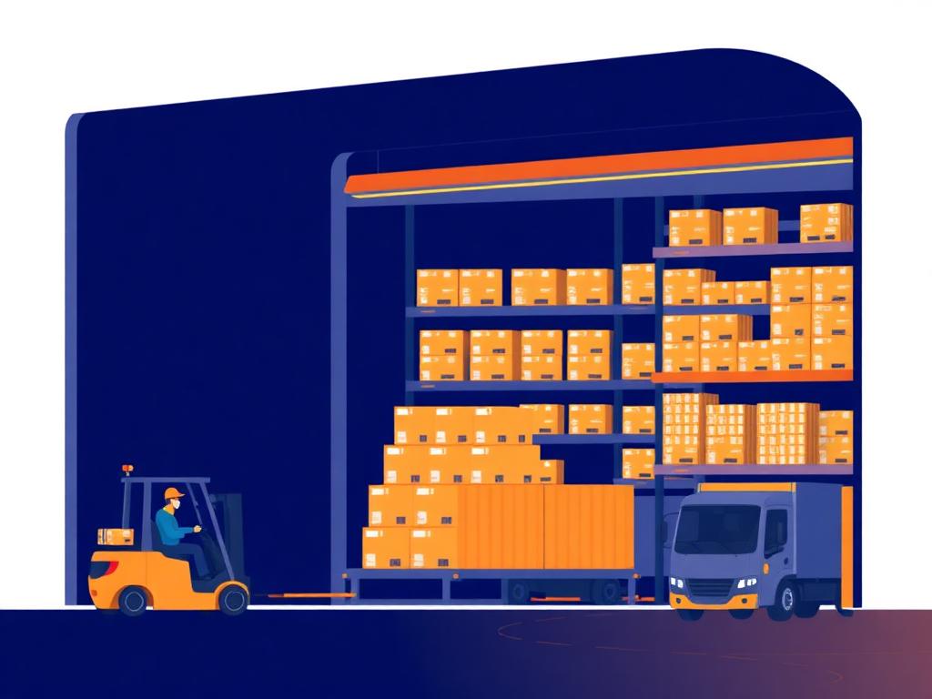 Ilustração de abastecimento de estoque nos centros logísticos do Mercado Livre Full e da Magazine Luiza com empilhadeira, caixas e caminhão