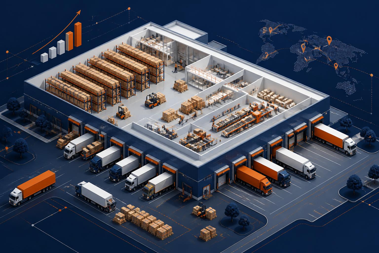 Ilustração institucional de um grande centro de distribuição da Supply Brasil com docas, caminhões e estoque organizado
