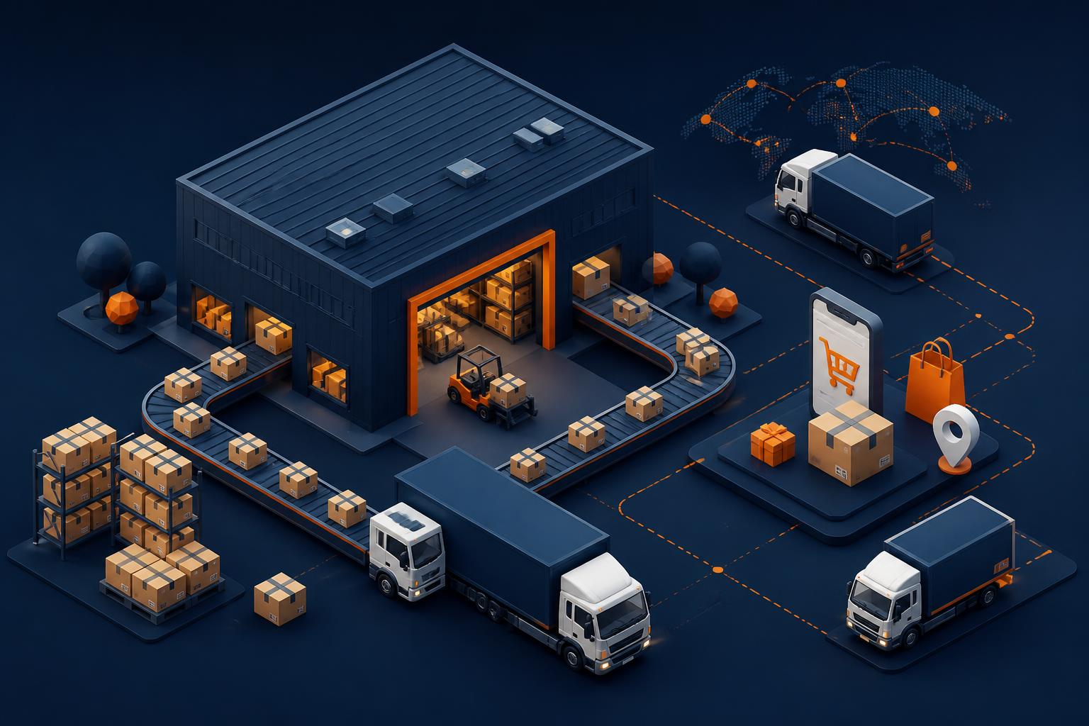 Ilustração da operação logística da Supply Brasil: armazém, caminhões de entrega, esteiras e pacotes de e-commerce